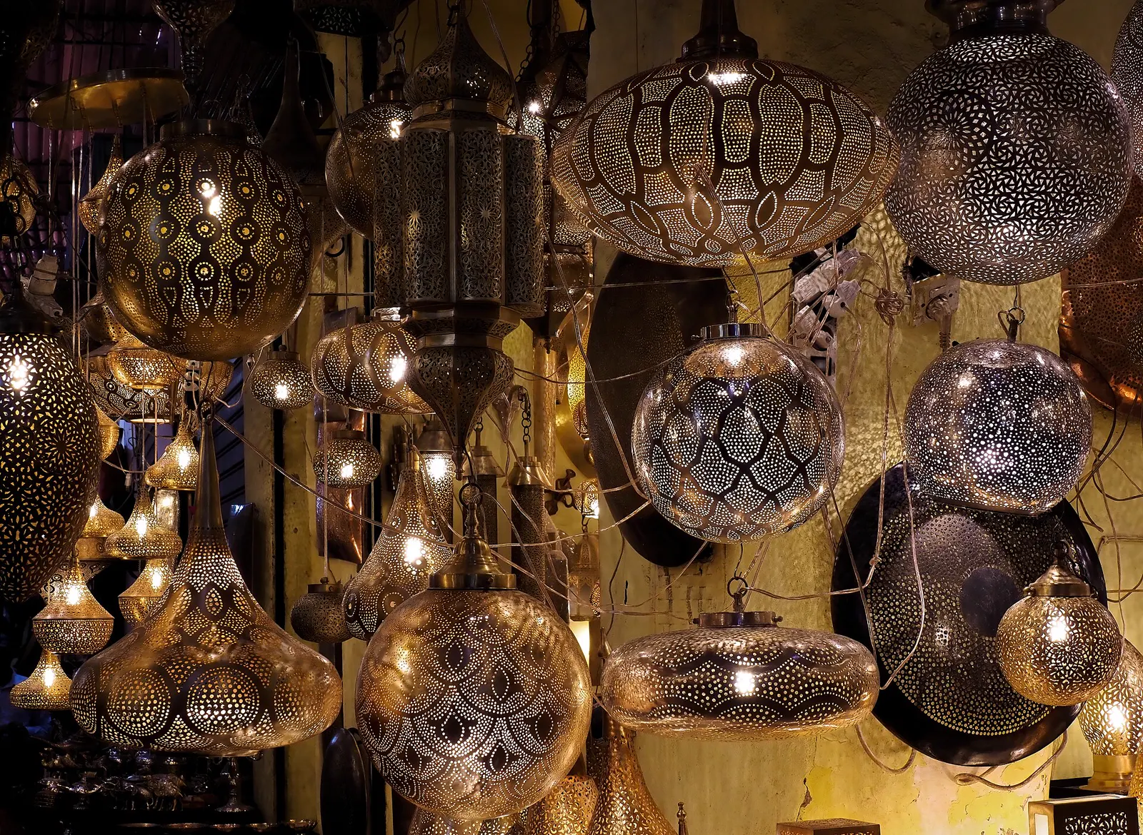 Hanging brass lanterns in Souk Haddadine, Marrakech medina