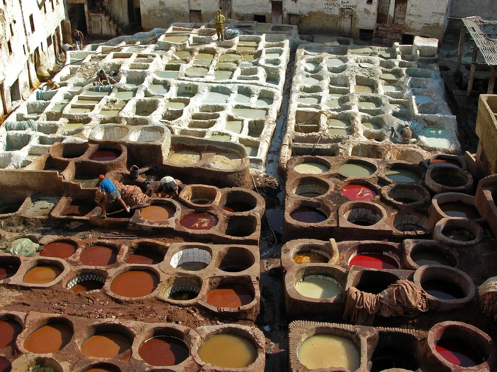Dyeing vats of the leather tannery in Fes medina